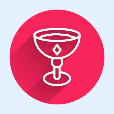 Beyaz çizgi Ortaçağ kadeh ikonu uzun gölgeli izole edilmiş. Kırmızı daire düğmesi. Vektör