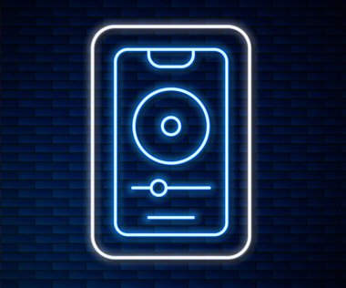 Parlayan neon hattı müzik çalar simgesi tuğla duvar arka planında izole edildi. Taşınabilir müzik cihazı. Vektör