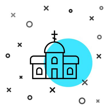 Siyah çizgi kilise binası ikonu beyaz arka planda izole edilmiş. Hıristiyan Kilisesi. Kilisenin dini. Rastgele dinamik şekiller. Vektör