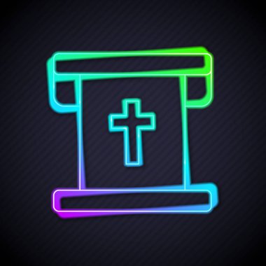 Siyah arkaplanda Hristiyan haçı simgesi olan parlak neon çizgisi bayrağı. Vektör