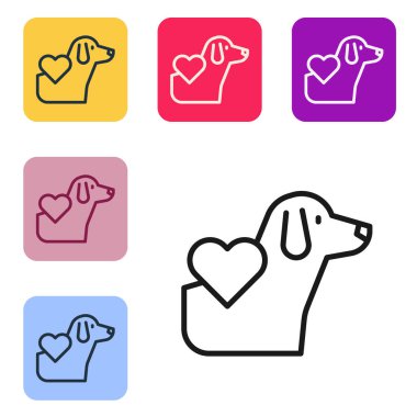 Black line Heart with dog icon isolated on white background. Pet paw in heart. Love to the animals. Set icons in color square buttons. Vector