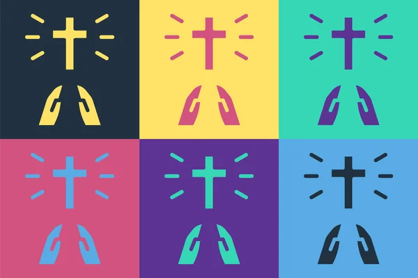 Pop art Hands in praying position icon isolated on color background. Oração a Deus com fé e esperança. Vetor — Vetor de Stock