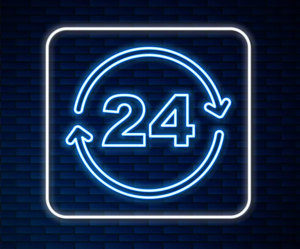 Gloeiende neon lijn Telefoon 24 uur support pictogram geïsoleerd op baksteen muur achtergrond. De hele dag customer support call-center. Full-time oproepdiensten. Vector — Stockvector