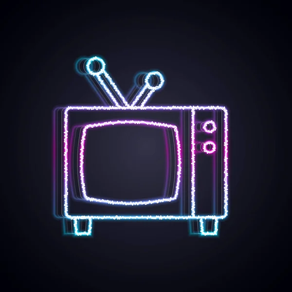 Parlayan neon hattı Retro TV simgesi siyah arkaplanda izole edildi. Televizyon tabelası. Vektör — Stok Vektör