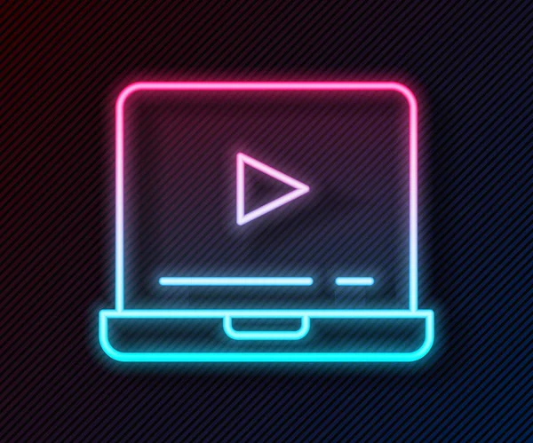 Leuchtende Neon-Linie Online spielen Video-Symbol isoliert auf schwarzem Hintergrund. Laptop und Filmstreifen mit Spielschild. Vektor — Stockvektor