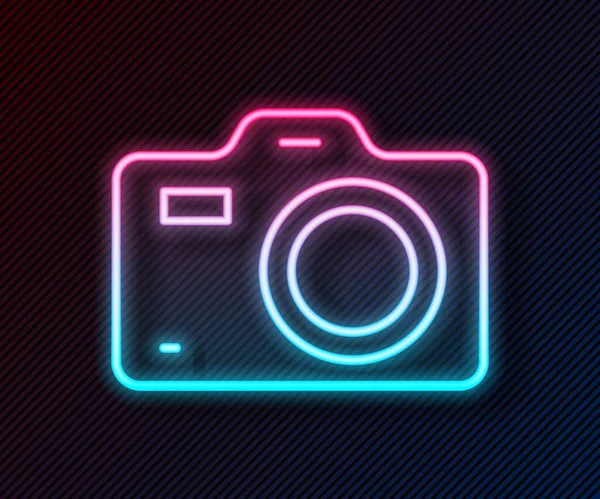 Glowing neon line Photo camera icon isolated on black background. Foto camera. Digital photography. Vector — Stock Vector