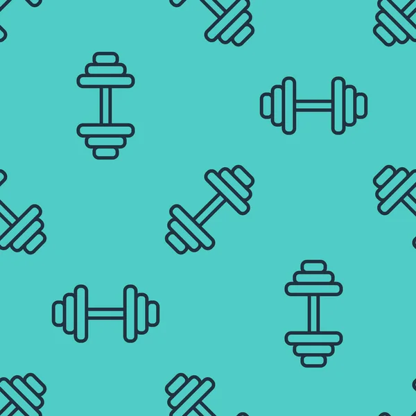 Black line Dumbbell icon isolated seamless pattern on green background. Muscle lifting icon, fitness barbell, gym, sports equipment, exercise bumbbell. Vector — Stock Vector