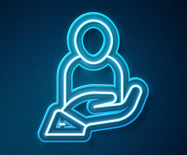 Glow neon line Assurance vie en main icône isolée sur fond bleu. Sécurité, sûreté, protection, concept de protection. Vecteur — Image vectorielle