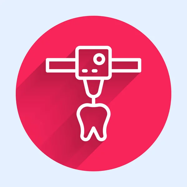 White line 3D printer tooth icon isolated with long shadow. 3d printing. Red circle button. Vector —  Vetores de Stock