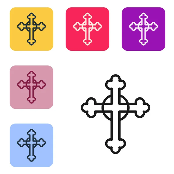 Icono de cruz cristiana de línea negra aislado sobre fondo blanco. Cruz de iglesia. Establecer iconos en botones cuadrados de color. Vector — Vector de stock