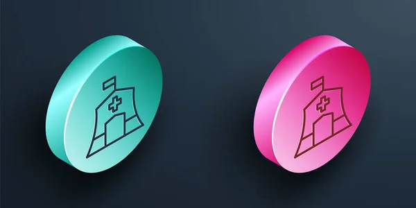 Isometric line Emergency medical tent icon isolated on black background. Provide disaster relief. Turquoise and pink circle button. Vector — 图库矢量图片