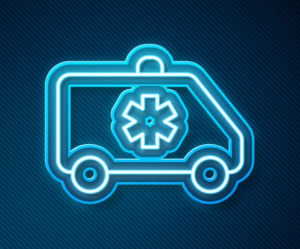 Leuchtende Leuchtschrift Ambulance und Notarztwagen-Symbol isoliert auf blauem Hintergrund. Rettungswagen medizinische Evakuierung. Vektor — Stockvektor