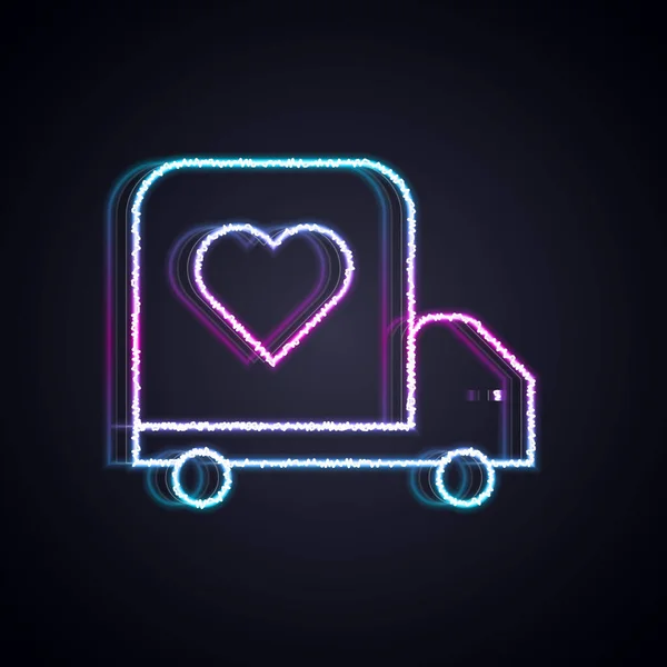 Λαμπερό νέον γραμμή Παράδοση φορτηγό με την καρδιά εικονίδιο απομονώνονται σε μαύρο φόντο. Φορτηγό παράδοσης αγάπης. Την ημέρα του Αγίου Βαλεντίνου. Διάνυσμα — Διανυσματικό Αρχείο