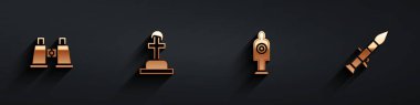 Set Binoculars, Soldier grave, Human target sport for shooting and Rocket launcher icon with long shadow. Vector