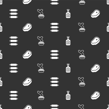 Sos şişesi, biftek eti, sosis ve ev yapımı turta. Vektör