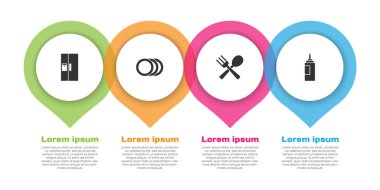 Set Refrigerator, Plate, Crossed fork and spoon and Sauce bottle. Business infographic template. Vector