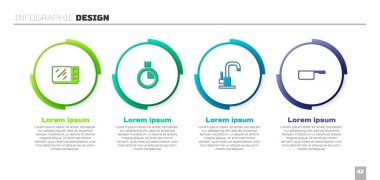 Mikrodalga fırın, kronometre, su musluğu ve tencereyi hazırlayın. Ticari bilgi şablonu. Vektör