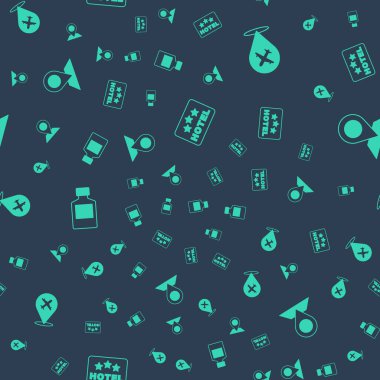 Tabelayı mesaj oteli, uçak, viski şişesi ve yeri kusursuz bir şablonla ayarla. Vektör