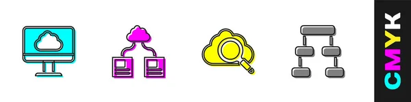 Set Cloud technology data transfer, , Search cloud computing and Hierarchy organogram chart icon. Vector — Image vectorielle