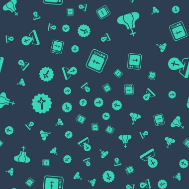 Set Online church pastor preaching, Church tower, Christian cross and Location building on seamless pattern. Vector