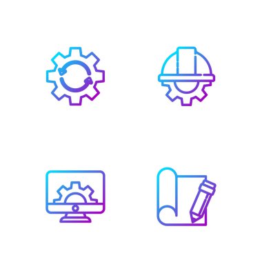 Set line Graphing paper and pencil, Computer monitor gear, Gear arrows as workflow and Worker safety helmet. Gradient color icons. Vector