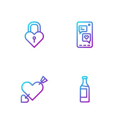Set line Wine bottle, Amour with heart and arrow, Castle the shape of and Mobile. Gradient color icons. Vector