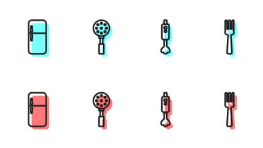 Blender, Buzdolabı, Spatula ve Çatal simgesini ayarla. Vektör