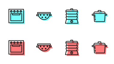 Set line Slow cooker, Oven, Kitchen colander and Cooking pot icon. Vector