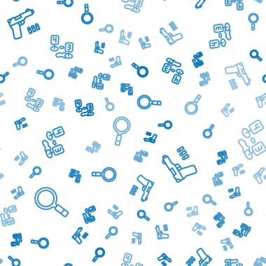 Set line Magnifying glass with search, Pistol or gun and Marker of crime scene on seamless pattern. Vector