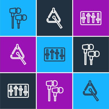 Set line Air headphones, Sound mixer controller and Triangle icon. Vector