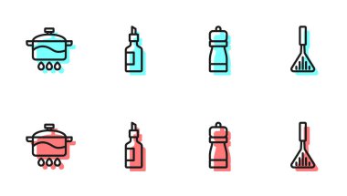 Set line Pepper, Cooking pot, Bottle of olive oil and Barbecue spatula icon. Vector