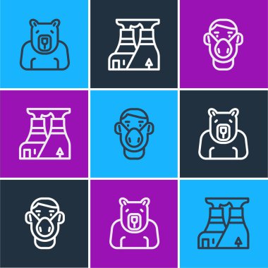 Set line Polar bear head, Face in protective mask and Nuclear power plant icon. Vector