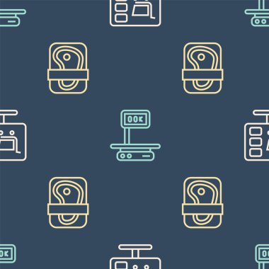 Set line Shopping cart on computer, Meat packaging steak and Electronic scales on seamless pattern. Vector