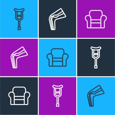 Set line Crutch or crutches, Armchair and Bone pain icon. Vector