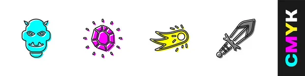Set Teufelsmaske mit Hörnern, Zauberstein, Feuerball und mittelalterlichem Schwert-Symbol. Vektor — Stockvektor