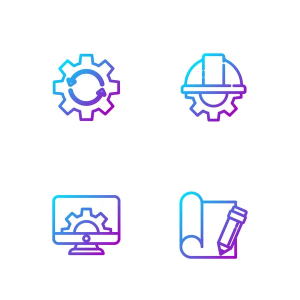 Set line Graphing paper and pencil, Computer monitor gear, Gear arrows as workflow and Worker safety helmet. Gradient color icons. Vector — Stock Vector