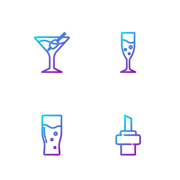 Set line Corcho de madera para vino, copa de cerveza, copa Martini y champán. Iconos de color degradado. Vector — Vector de stock