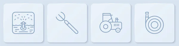 Set line Automatic irrigation sprinklers, Tractor, Garden pitchfork and hose. White square button. Vector — Stok Vektör