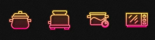 集烹饪锅、烤面包机、微波炉为一体.发光的霓虹灯图标。B.病媒 — 图库矢量图片
