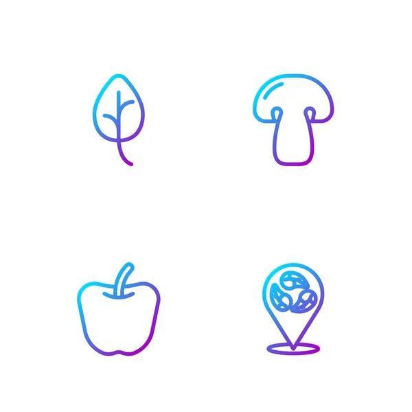 Set line Vegan food diet, Apple, Leaf or leaves and Mushroom. Gradient color icons. Vector — Stok Vektör