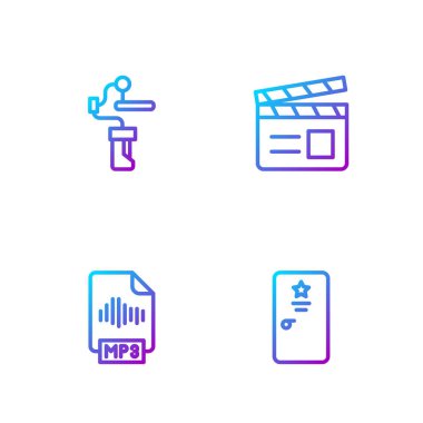 Set line Backstage, MP3 file document, Gimbal stabilizer for camera and Movie clapper. Gradient color icons. Vector