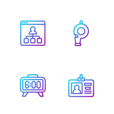 Çizgi kimlik kartı, dijital alarm saati, online eğitim ve ıslık. Renk simgeleri. Vektör