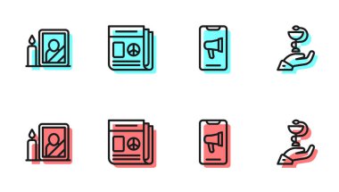 Set line Protest, Mourning photo frame, News and Caduceus snake medical icon. Vector