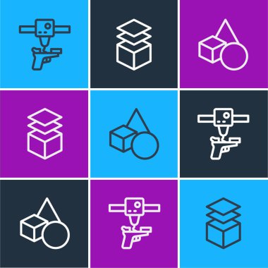 Set line 3D printer gun, Basic geometric shapes and Layers icon. Vector