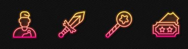 Set line Magic wand, Wizard warlock, Medieval sword and Ticket. Glowing neon icon. Vector