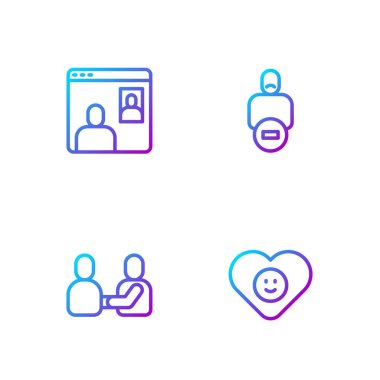 Set line Good relationship, Happy friendship day, Video chat conference and Loss of. Gradient color icons. Vector