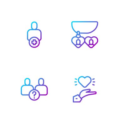 Set line Pleasant relationship, Complicated, Add to friend and Necklace with heart shaped. Gradient color icons. Vector