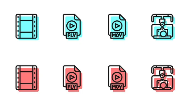 Set line MOV file document, Play Video, FLV and Gimbal stabilizer with camera icon. Vector — Stock Vector