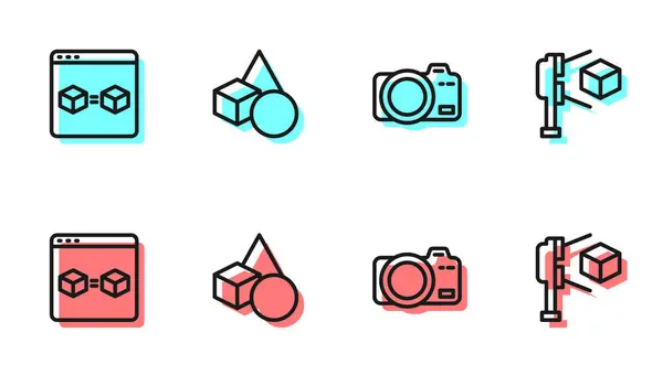 Set line Photo camera, 3D printer perfect copy, Basic geometric shapes and scanner with cube icon. Vector — Stock Vector