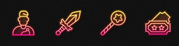 Set line Magic wand, Wizard warlock, Medieval sword and Ticket. Glowing neon icon. Vector — Stok Vektör